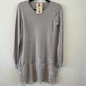 Cashmere Blend Gray Long Sweater With Lace, Rhinestones Size Medium Romantic